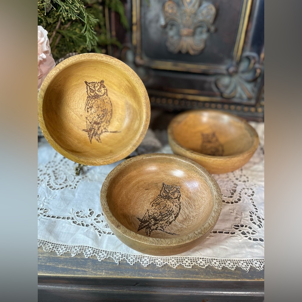 Small wood bowl owls pine cones trees trinket dish organic woodland decor